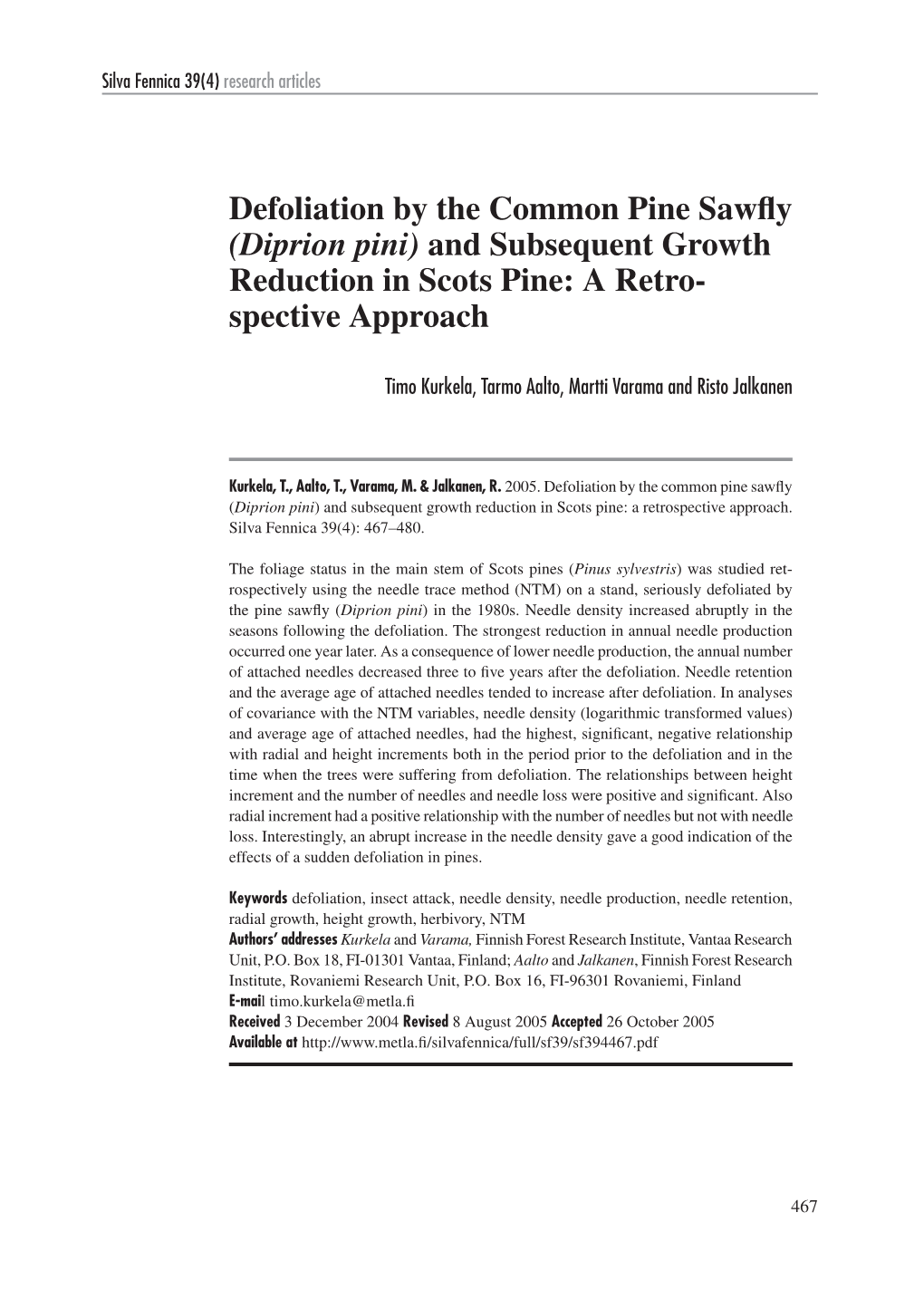 Diprion Pini) and Subsequent Growth Reduction in Scots Pine: a Retro- Spective Approach