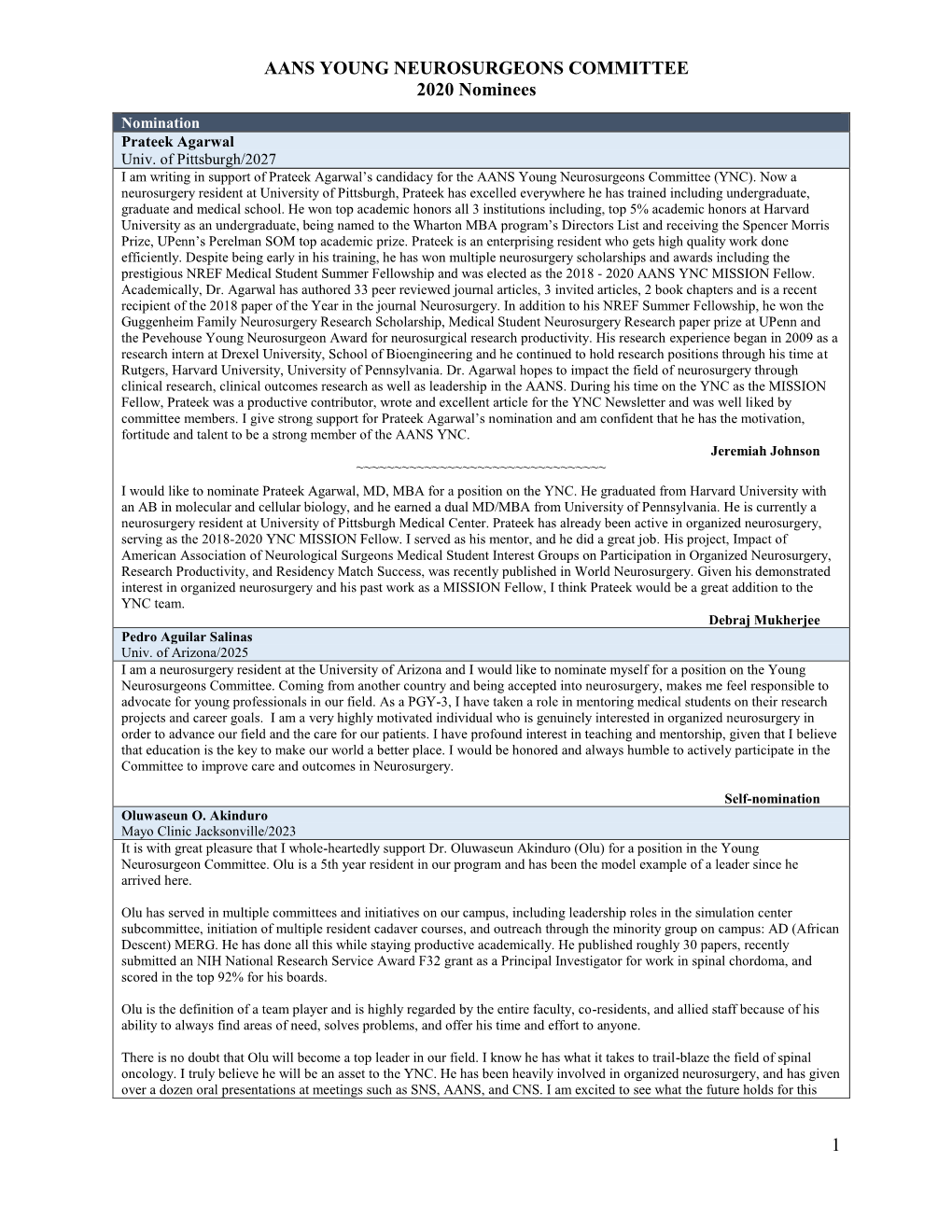 AANS YOUNG NEUROSURGEONS COMMITTEE 2020 Nominees 1