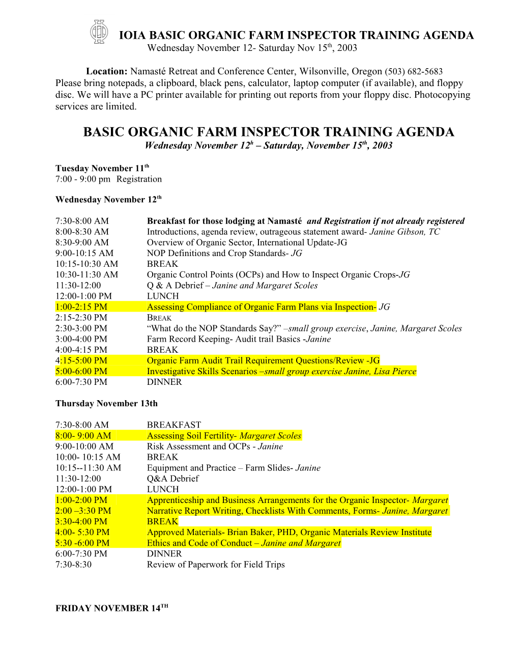 Ioia Basic Organic Farm Inspector Training Agenda