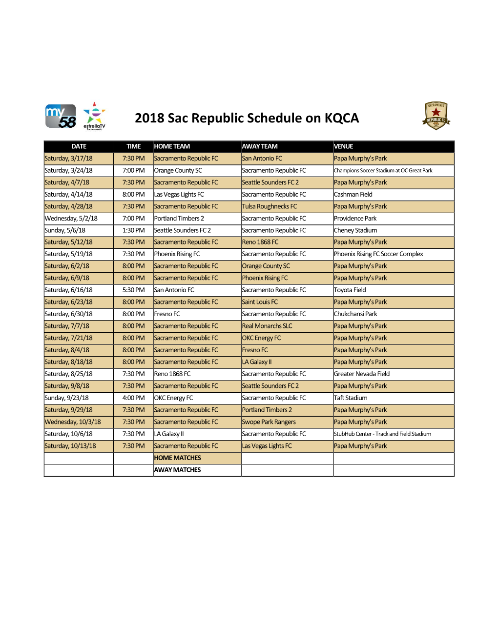 2018 Sac Republic Schedule on KQCA