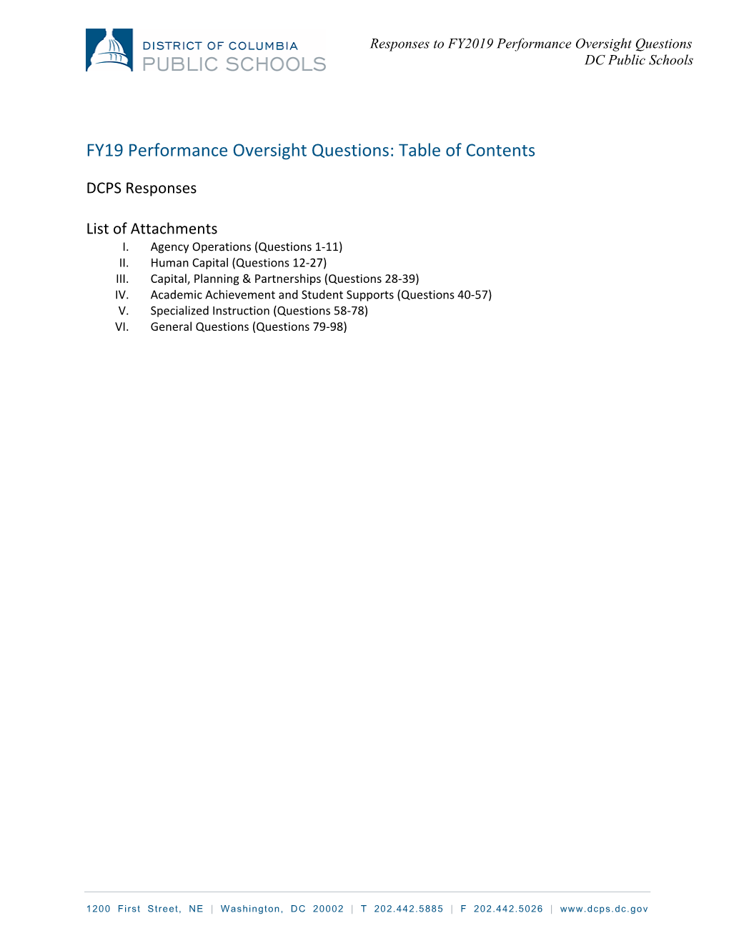 FY19 Performance Oversight Questions: Table of Contents