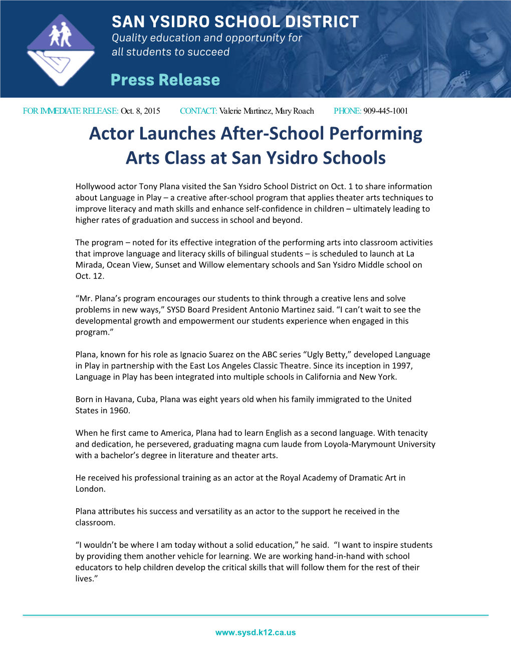 Actor Launches After-School Performing Arts Class at San Ysidro Schools