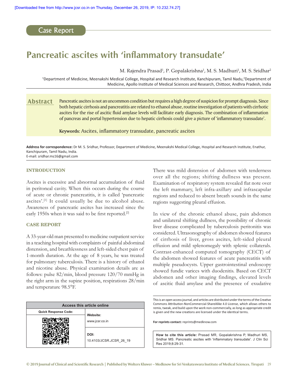 Pancreatic Ascites with ‘Inflammatory Transudate’