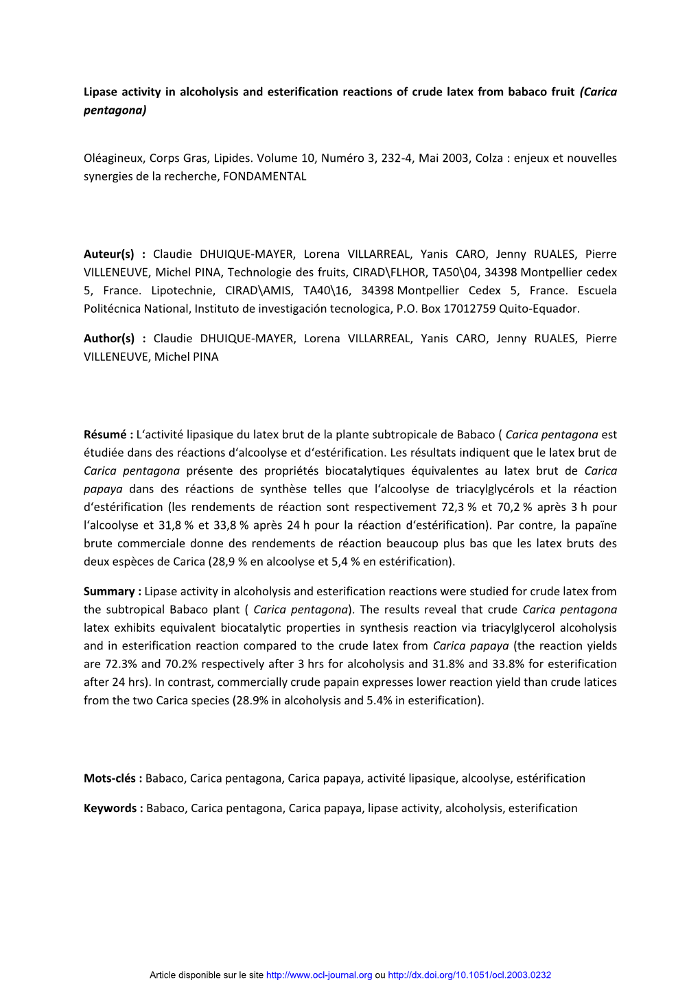 Lipase Activity in Alcoholysis and Esterification Reactions of Crude Latex from Babaco Fruit (Carica Pentagona)