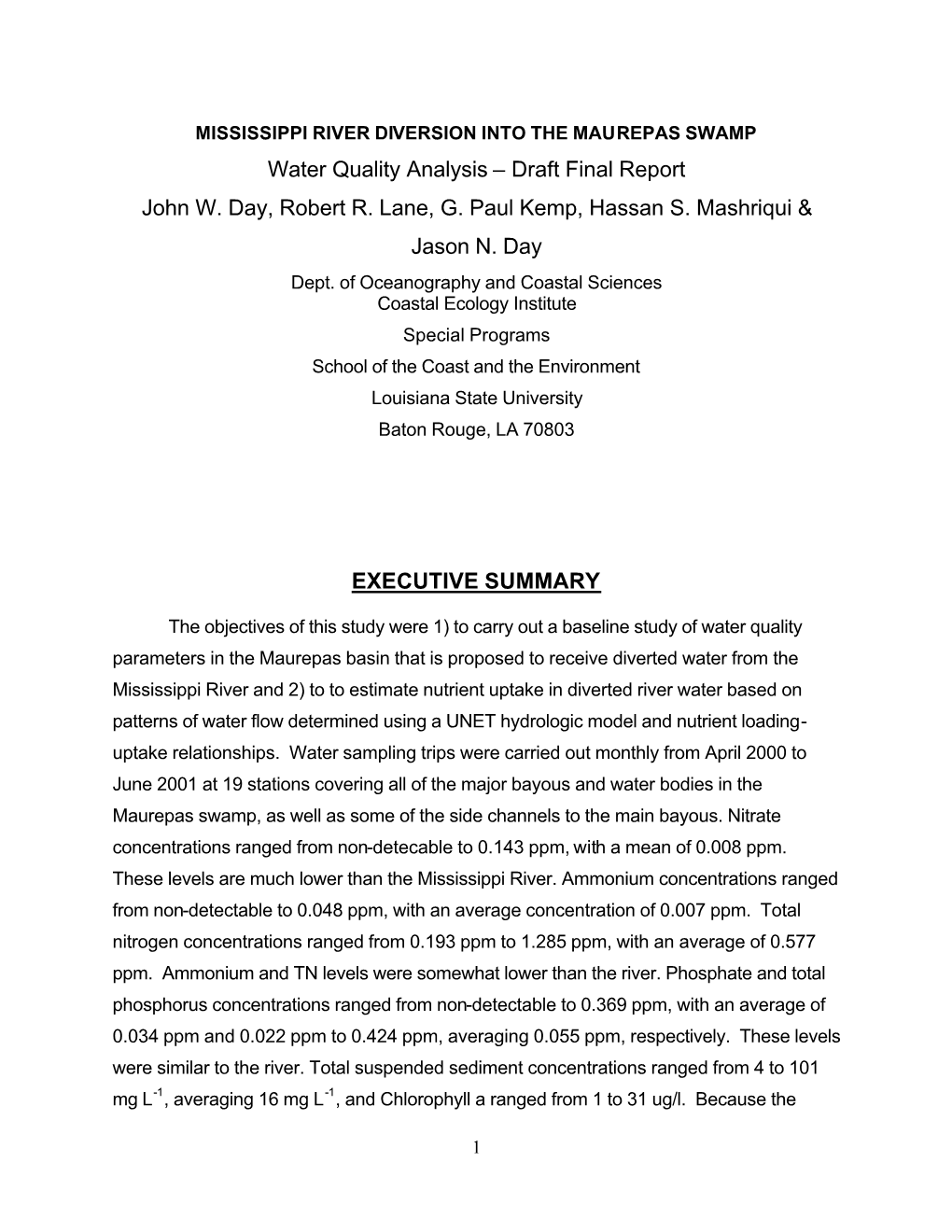 Water Quality Analysis – Draft Final Report John W. Day, Robert R