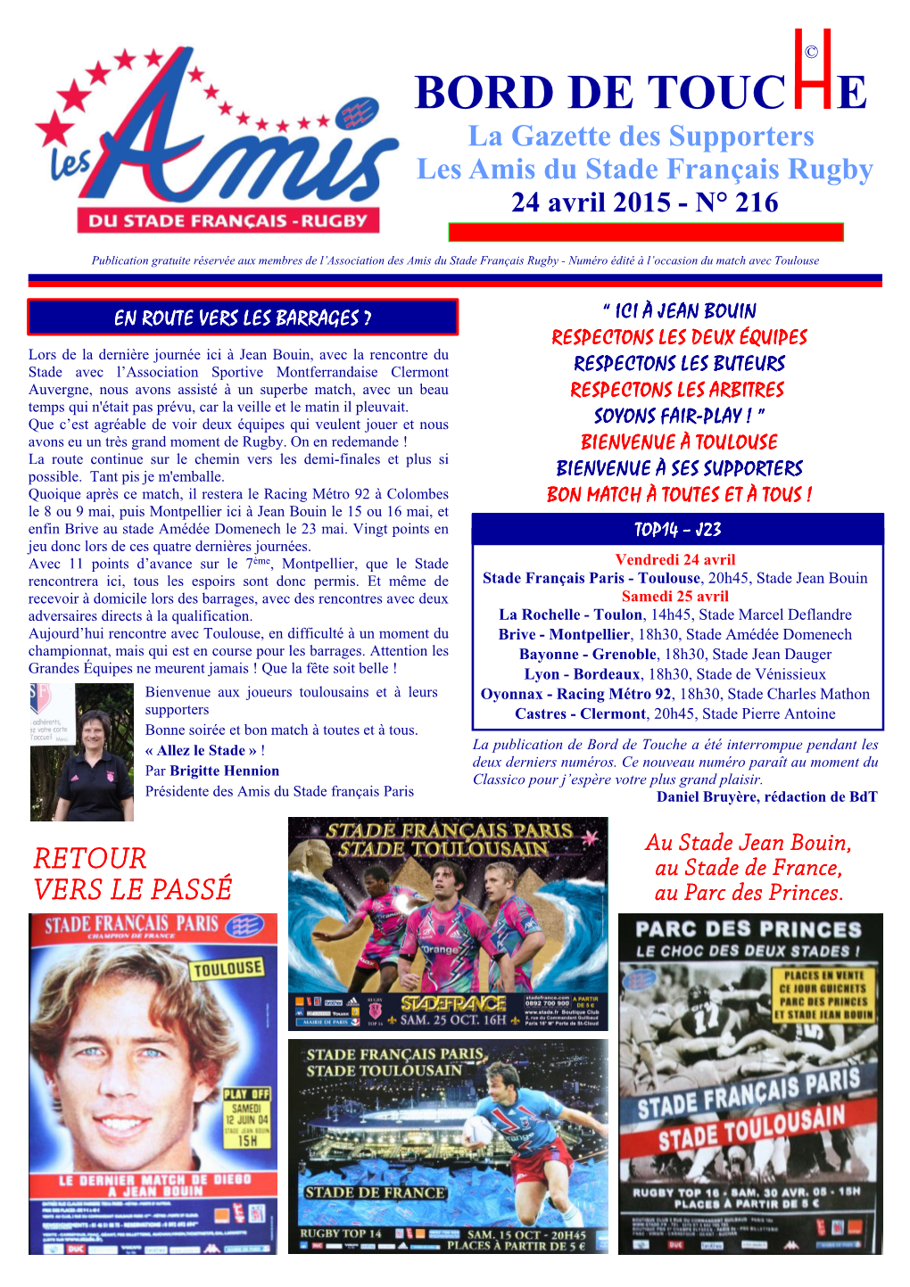 BORD DE TOUC E La Gazette Des Supporters Les Amis Du Stade Français Rugby 24 Avril 2015 - N° 216