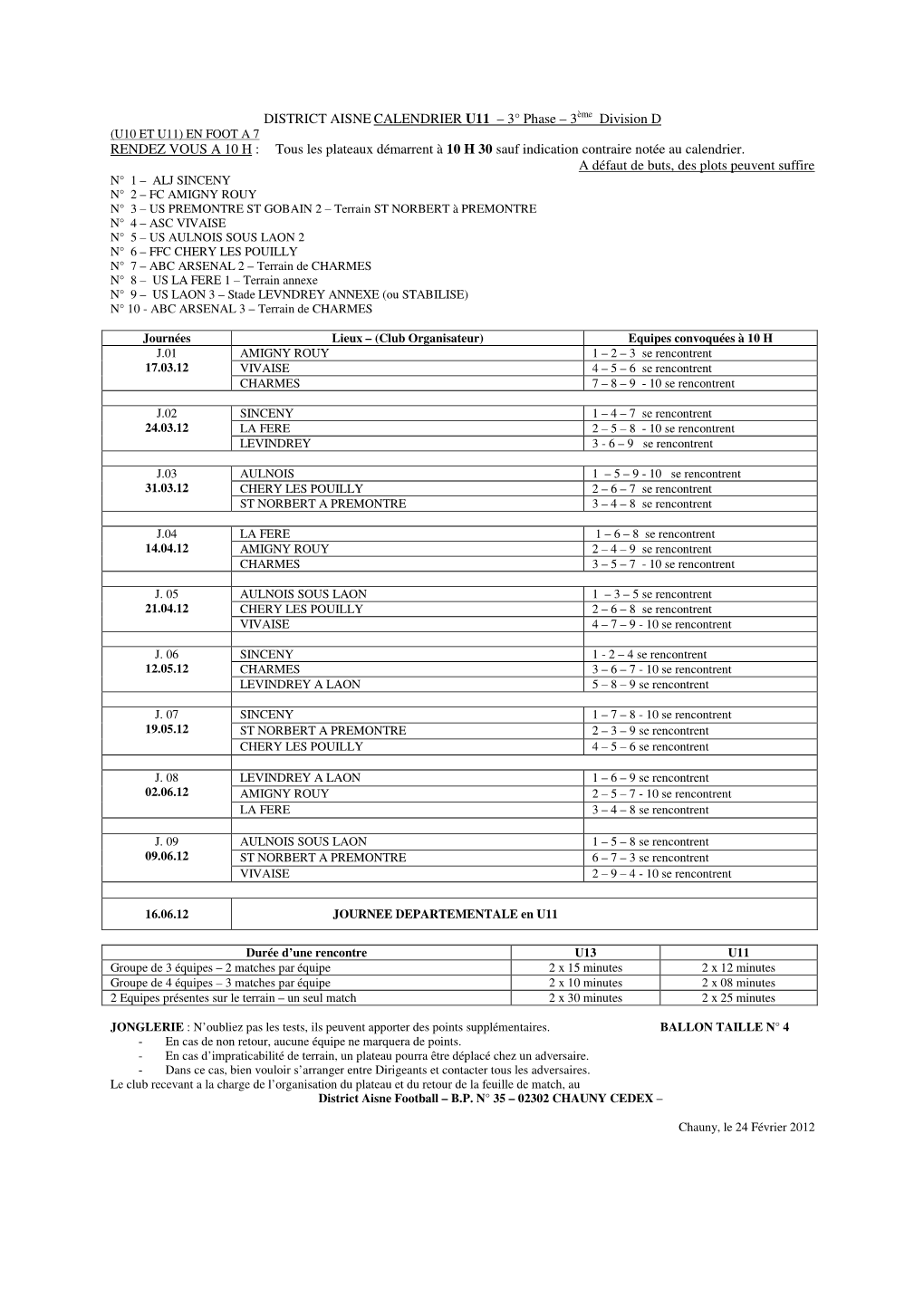 DISTRICT AISNE CALENDRIER U11 – 3° Phase – 3Ème Division D