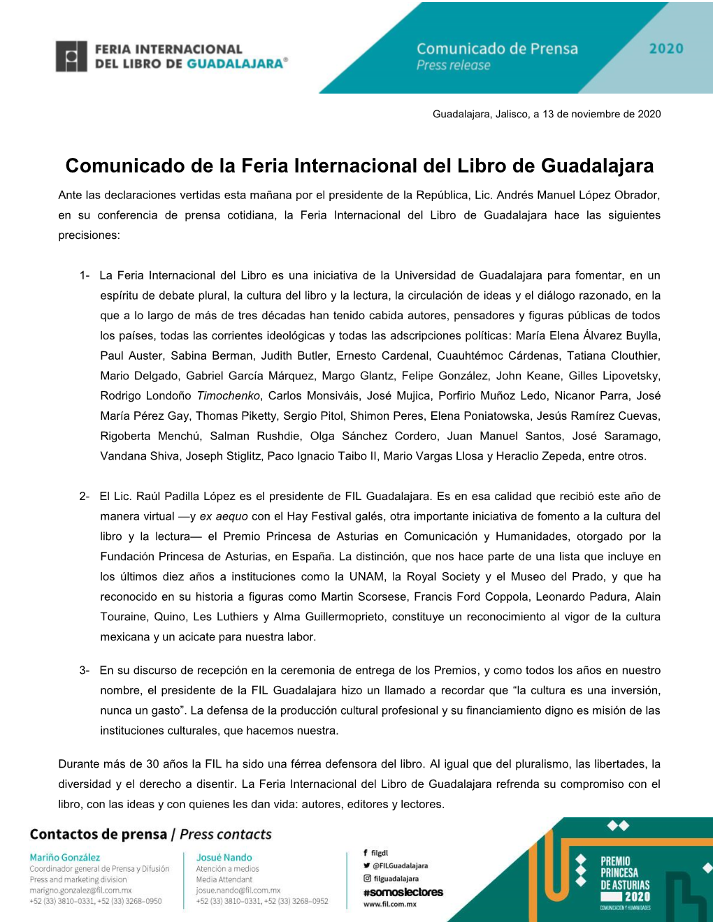 Comunicado De La Feria Internacional Del Libro De Guadalajara