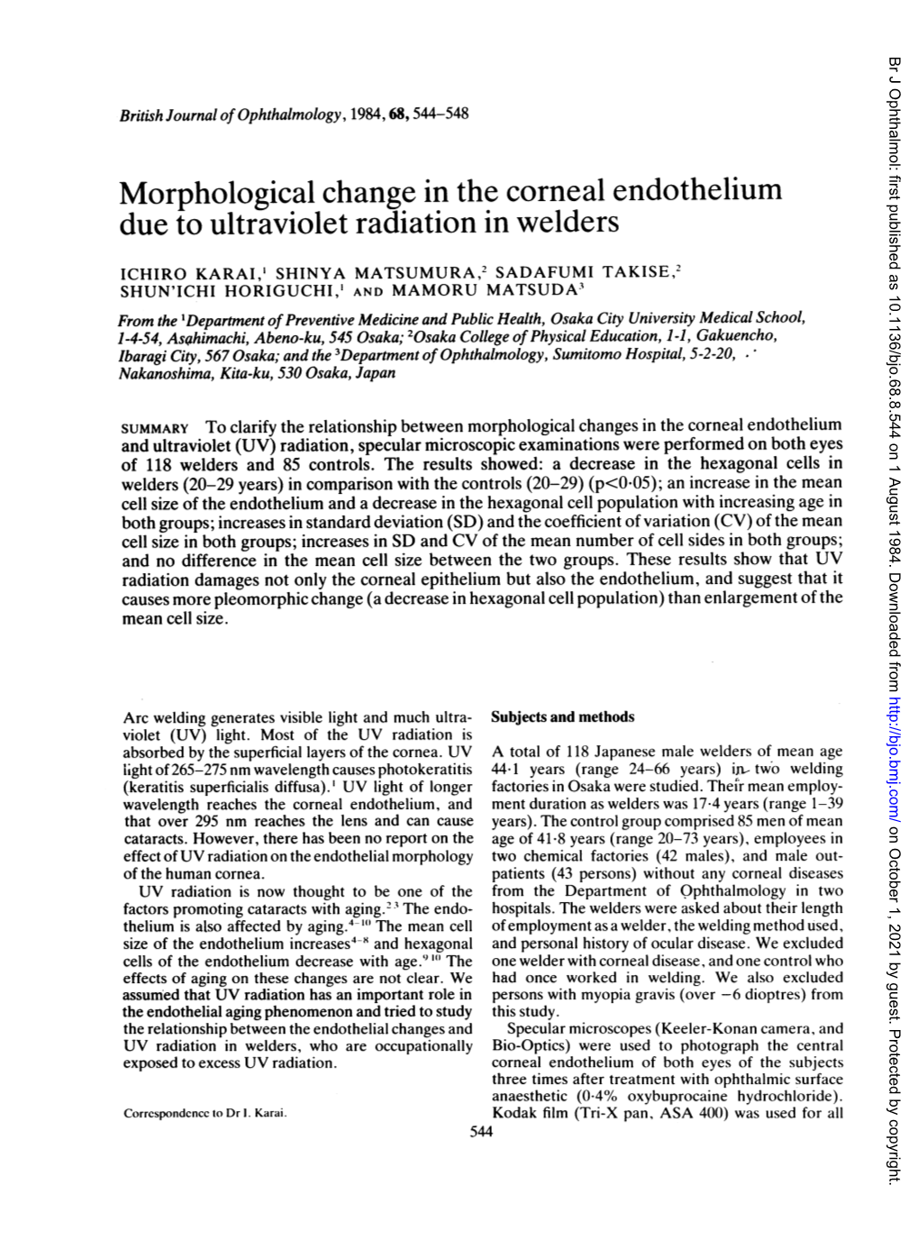 Morphological Change in the Corneal Endothelium Due to Ultraviolet Radiation in Welders