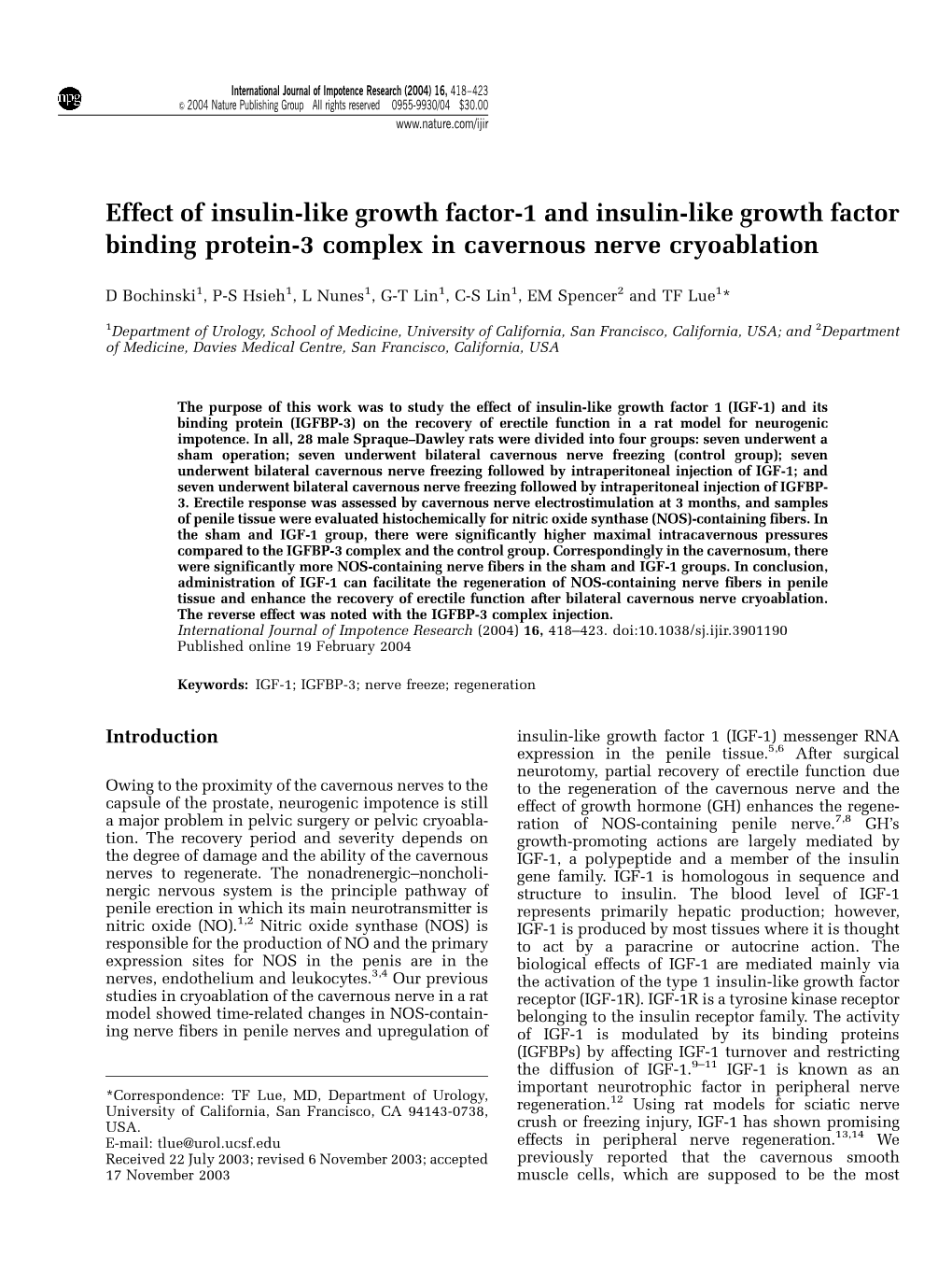 Effect of Insulin-Like Growth Factor-1 and Insulin-Like Growth Factor Binding Protein-3 Complex in Cavernous Nerve Cryoablation