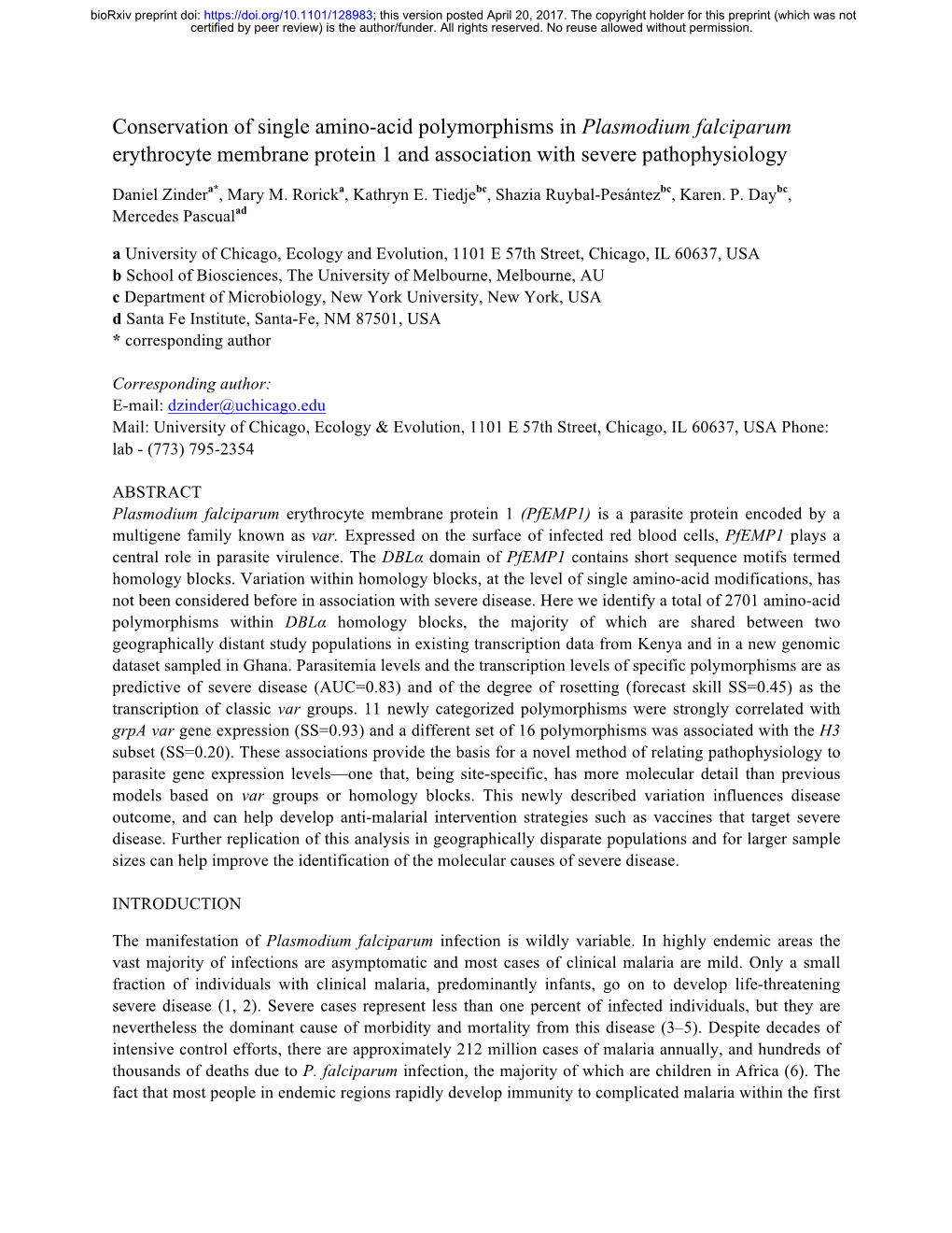 Conservation of Single Amino-Acid Polymorphisms in Plasmodium Falciparum Erythrocyte Membrane Protein 1 and Association with Severe Pathophysiology