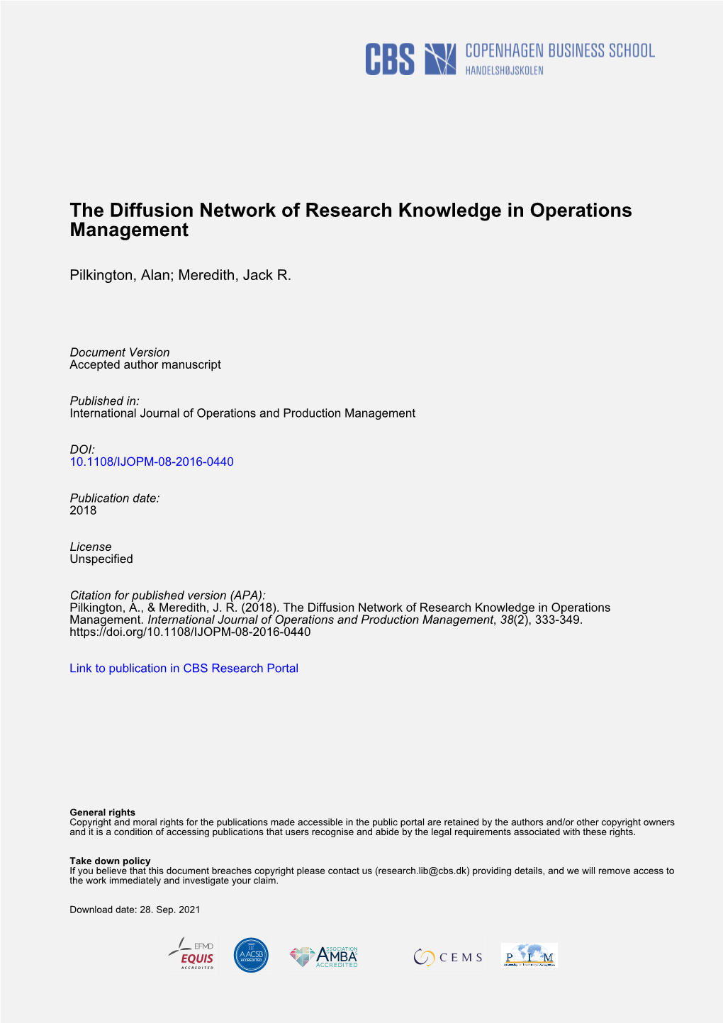 The Diffusion Network of Research Knowledge in Operations Management