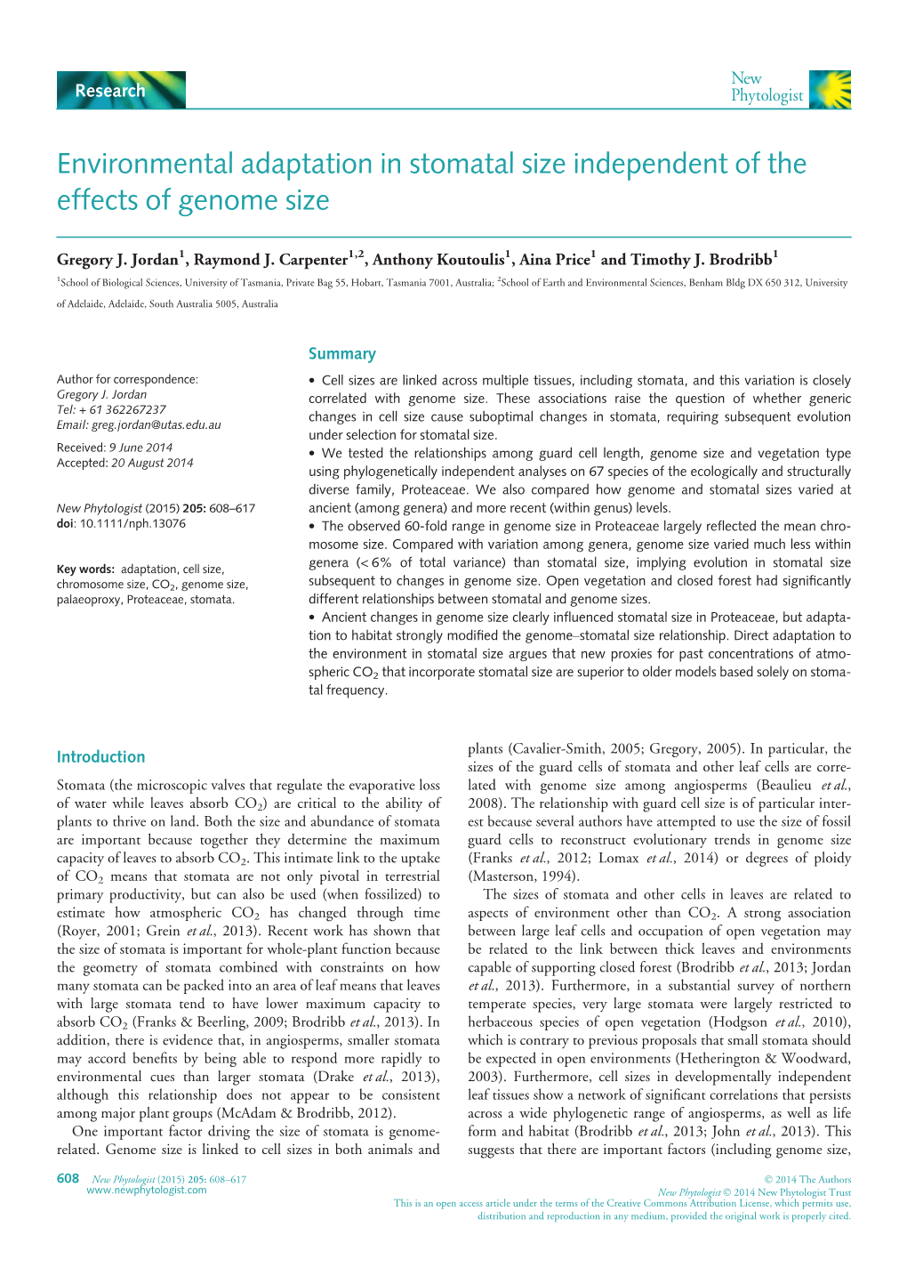 Environmental Adaptation in Stomatal Size Independent of the Effects of Genome Size