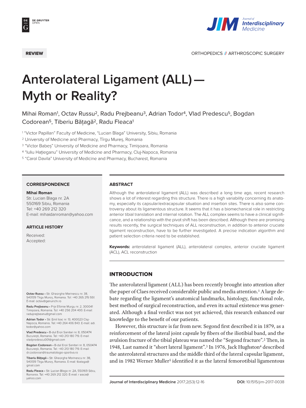 Anterolateral Ligament (ALL) — Myth Or Reality?