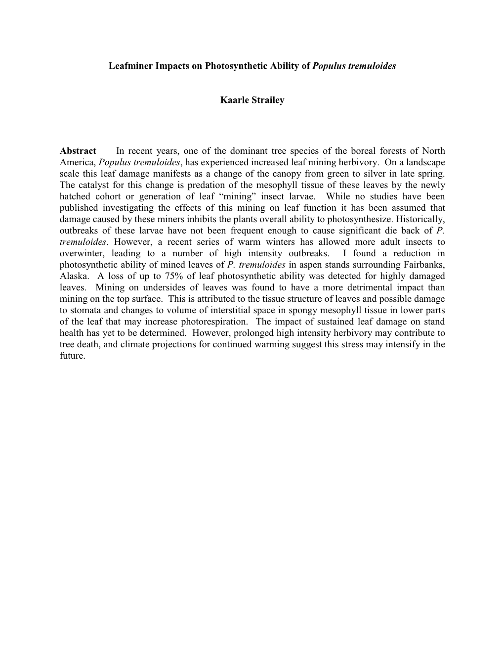 Leafminer Impacts on Photosynthetic Ability of Populus Tremuloides