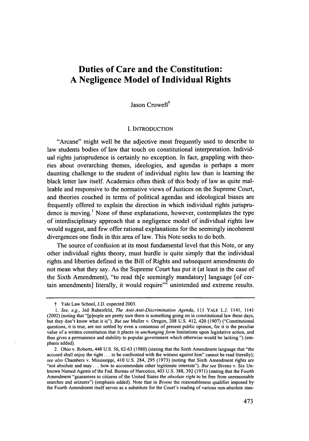 Duties of Care and the Constitution: a Negligence Model of Individual Rights