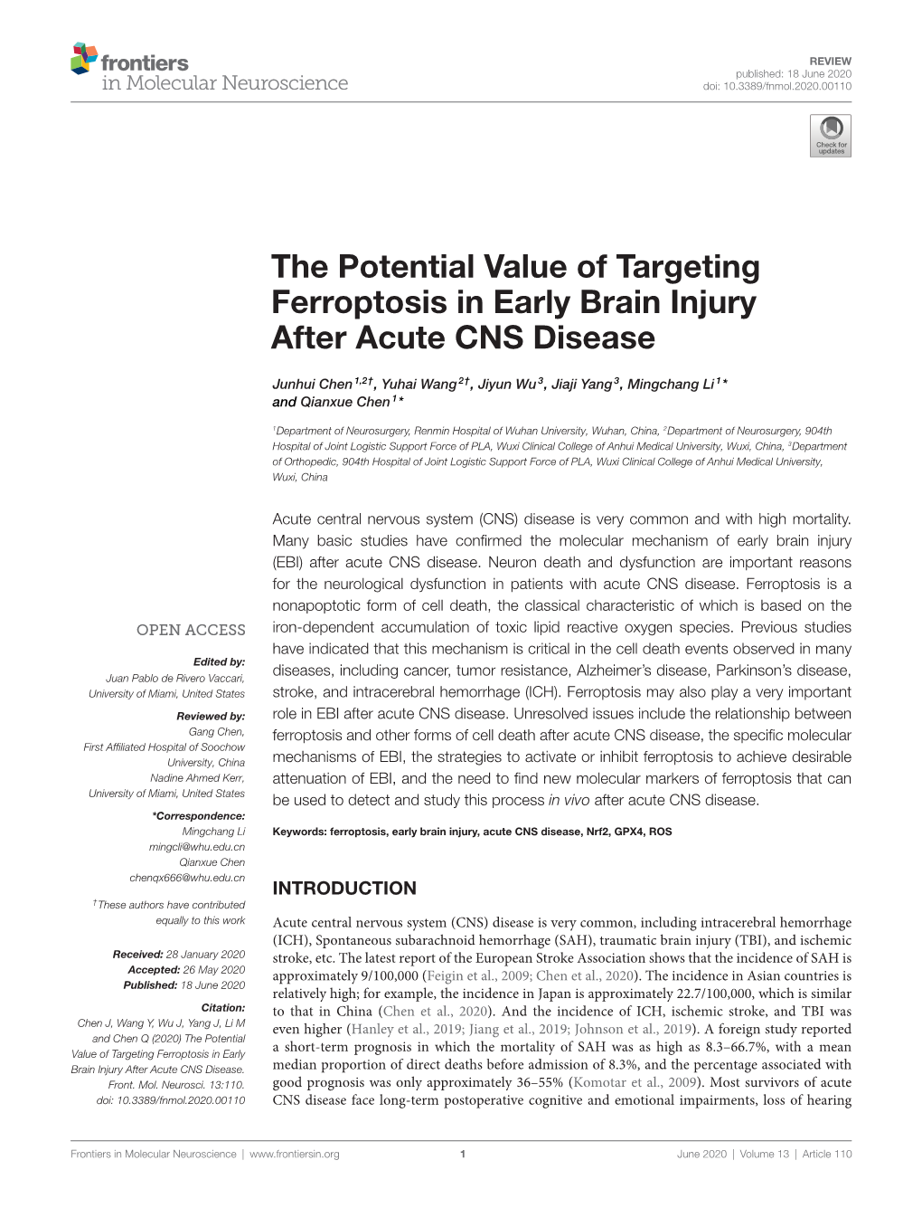 The Potential Value of Targeting Ferroptosis in Early Brain Injury After Acute CNS Disease