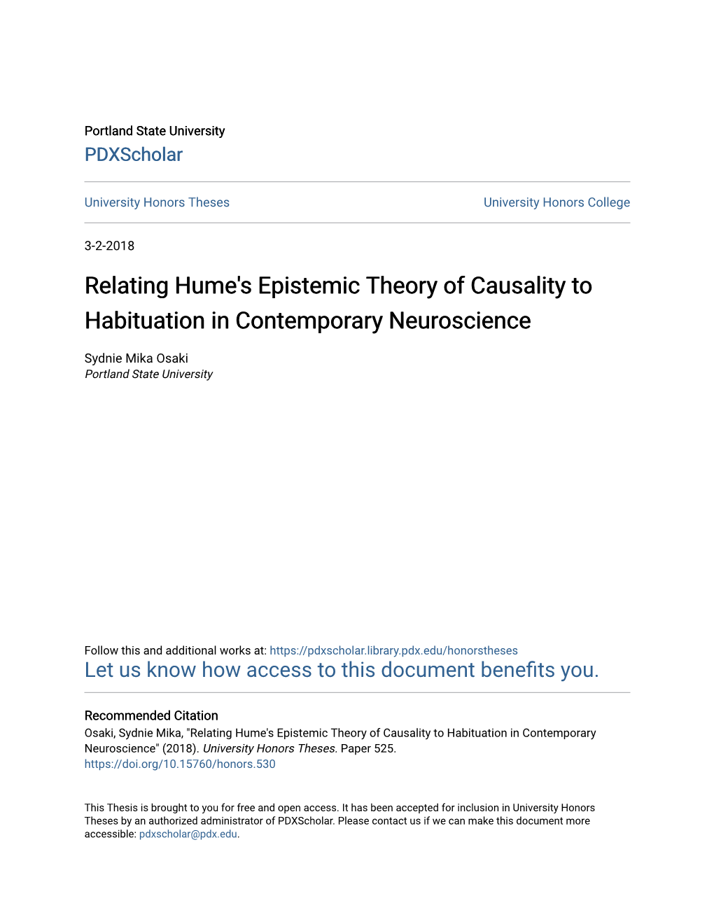 Relating Hume's Epistemic Theory of Causality to Habituation in Contemporary Neuroscience