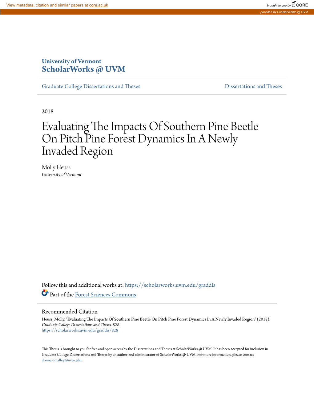 Evaluating the Impacts of Southern Pine Beetle on Pitch Pine Forest Dynamics in a Newly Invaded Region