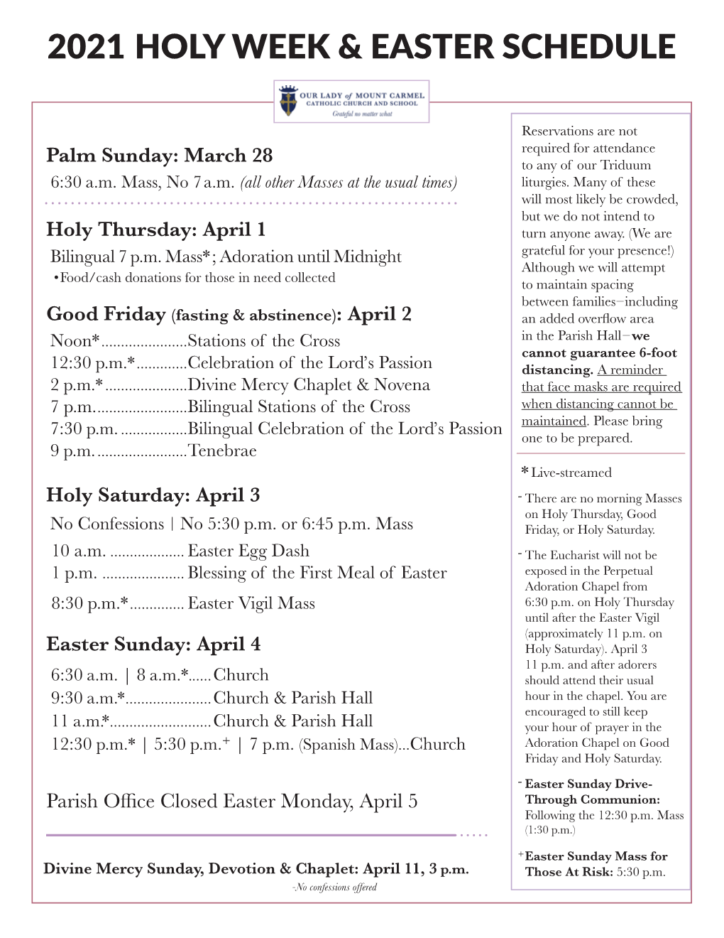 2021 Holy Week & Easter Schedule
