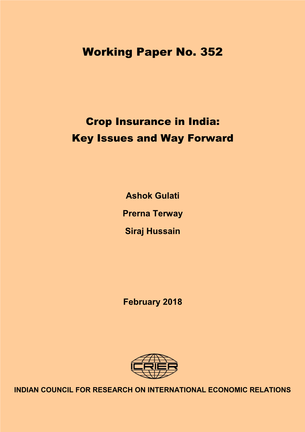 Crop Insurance in India: Key Issues and Way Forward