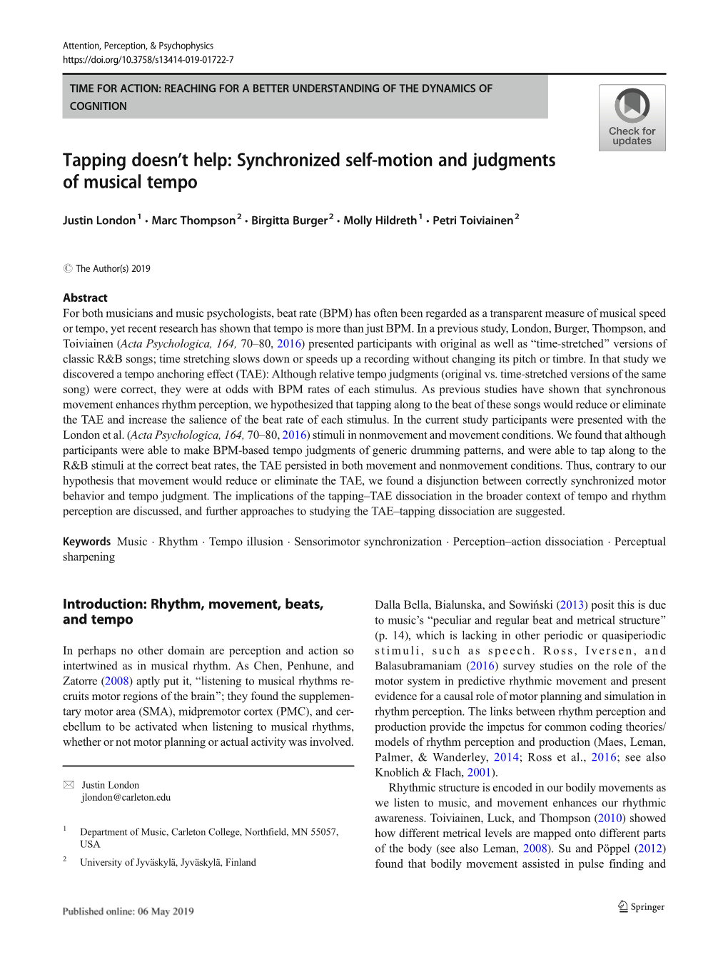 Tapping Doesn't Help: Synchronized Self-Motion and Judgments of Musical Tempo