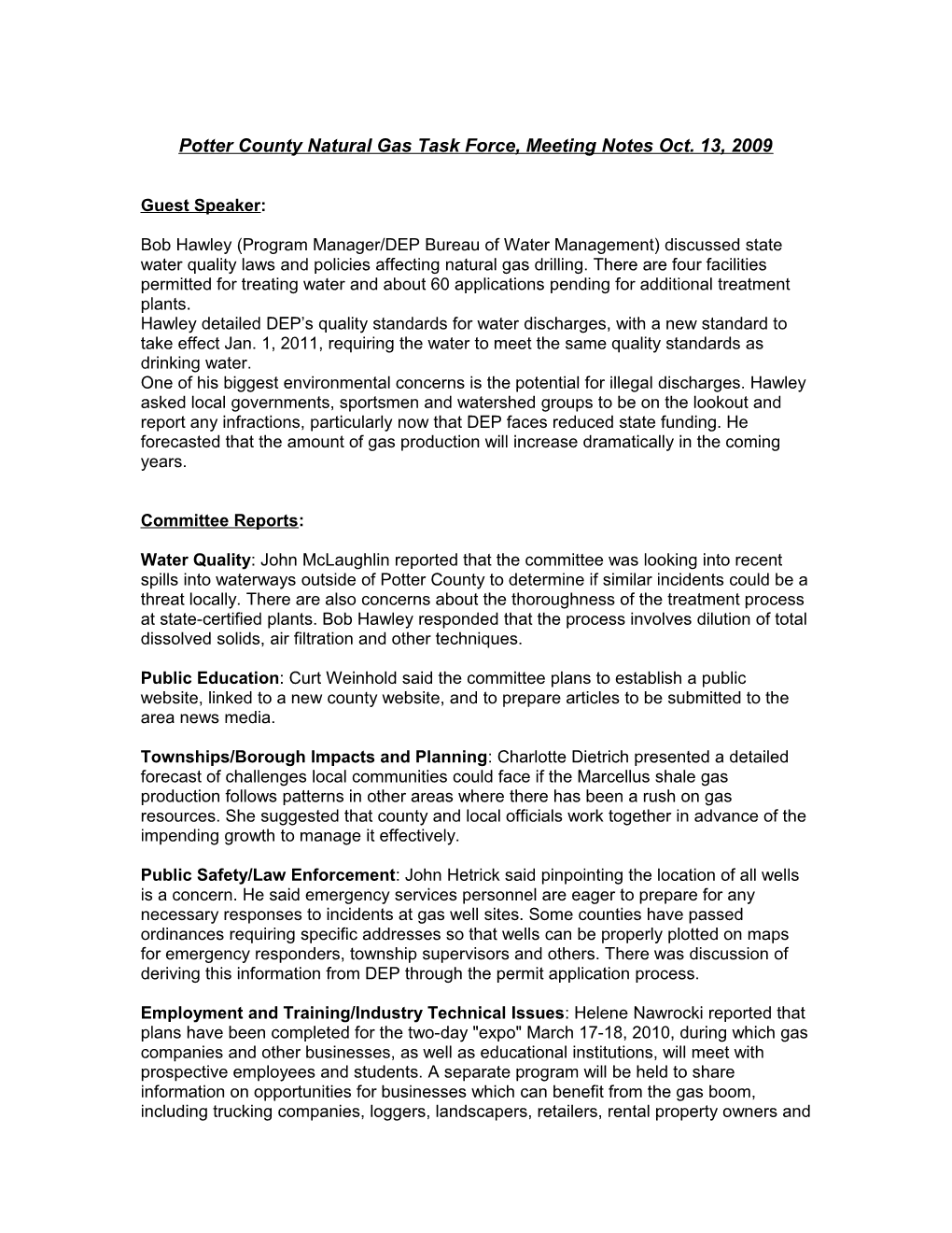 Potter County Natural Gas Task Force, Meeting Notes Oct. 13, 2009