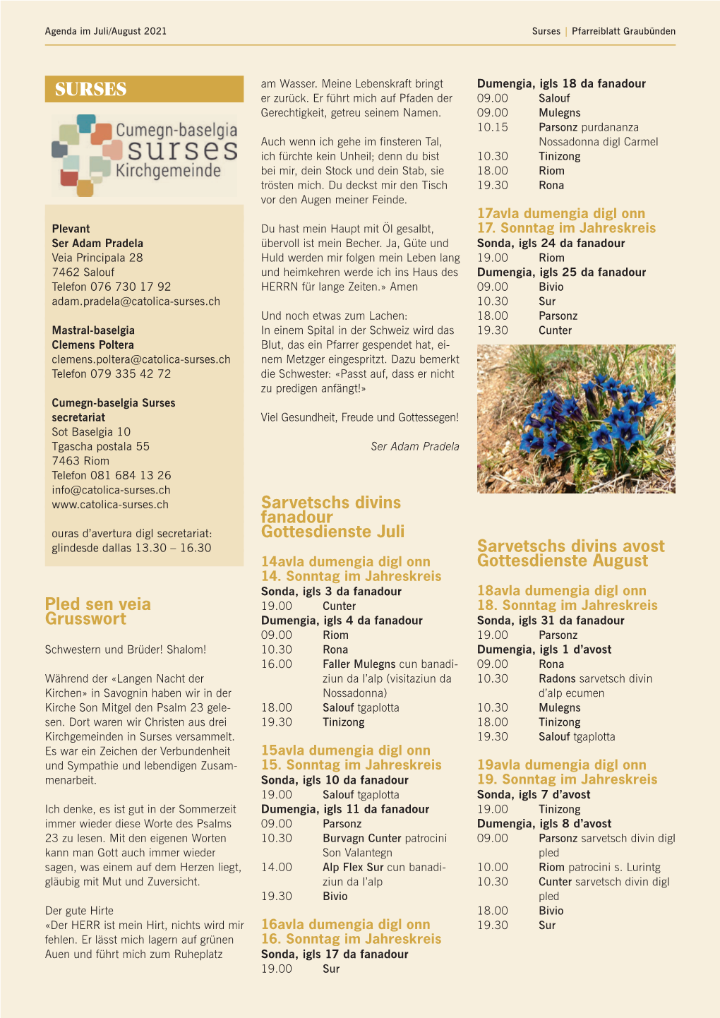 Gottesdienstplan Juli/August 2021