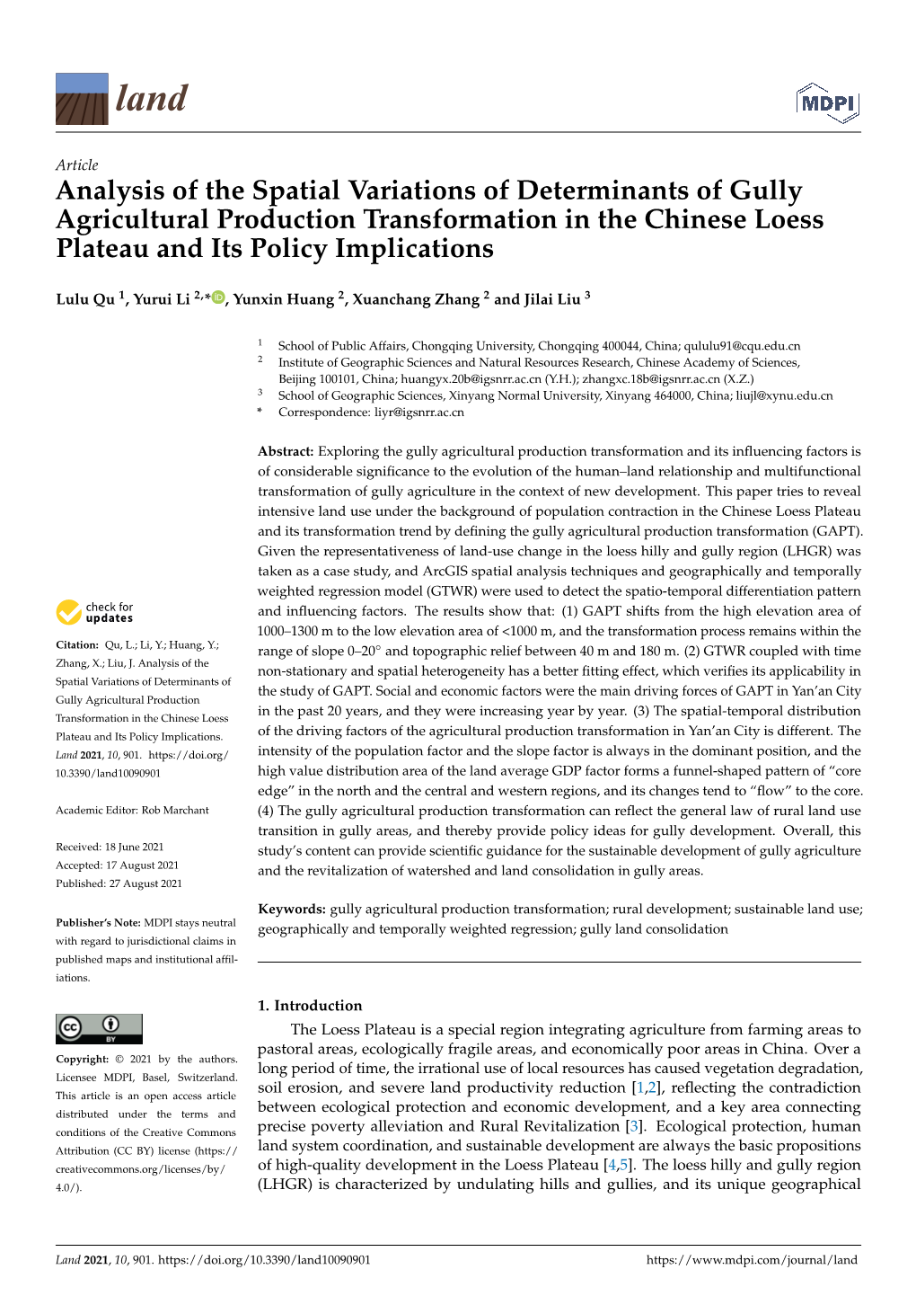 Analysis of the Spatial Variations of Determinants of Gully Agricultural Production Transformation in the Chinese Loess Plateau and Its Policy Implications