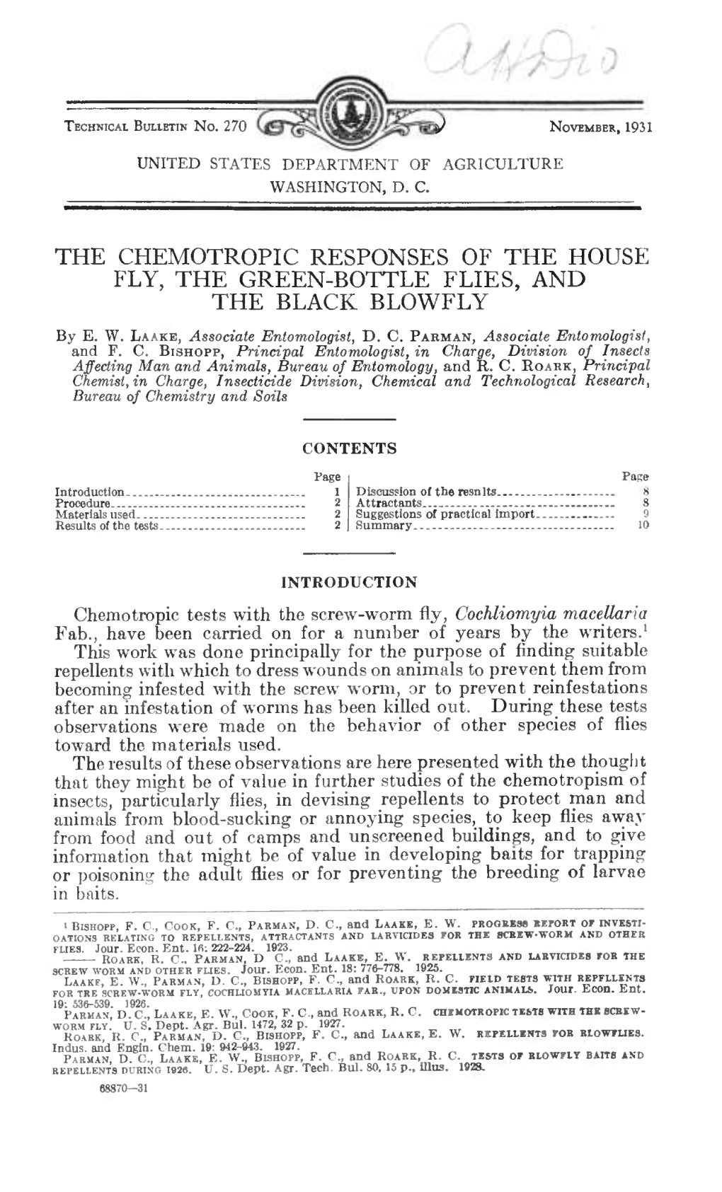 The Chemotropic Responses of the House Fly, the Green-Bottle Flies, and the Black Blowfly