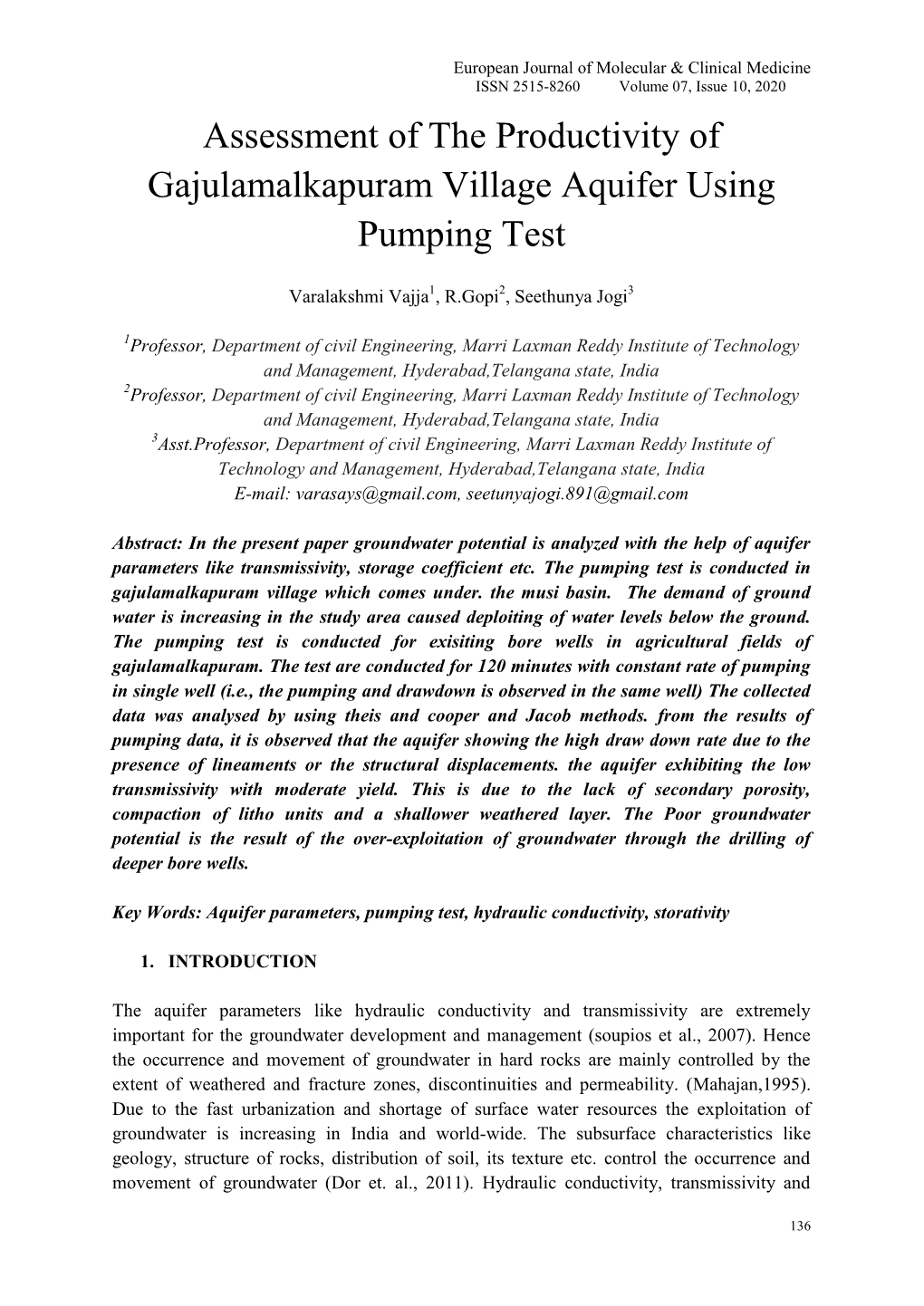 Assessment of the Productivity of Gajulamalkapuram Village Aquifer Using Pumping Test