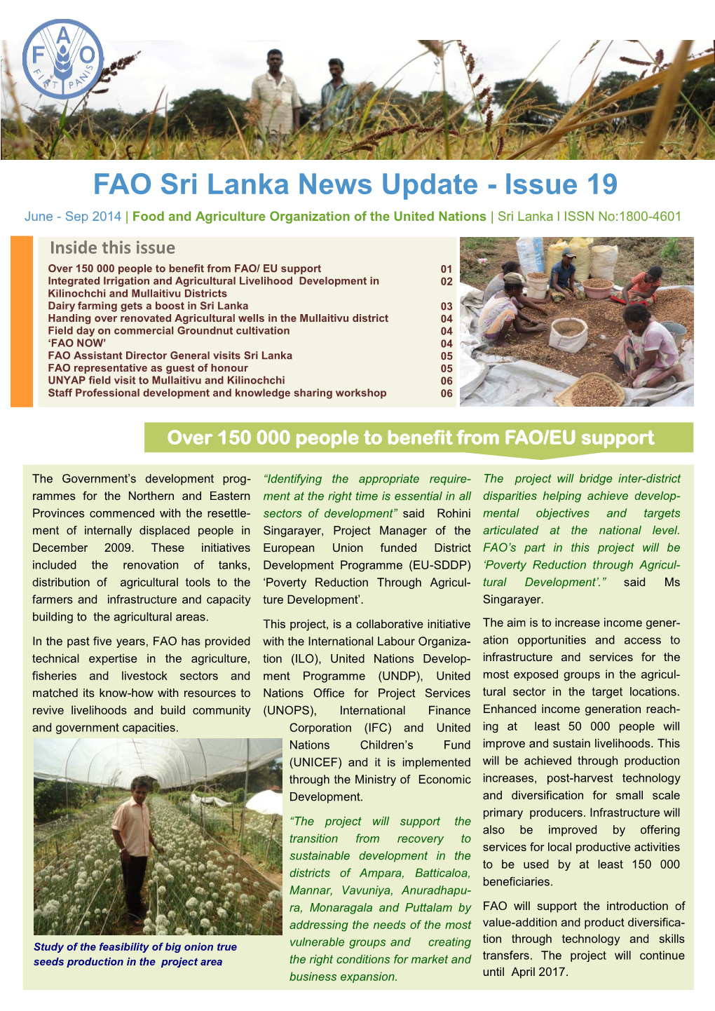 FAO Sri Lanka News Update - Issue 19 June - Sep 2014 | Food and Agriculture Organization of the United Nations | Sri Lanka L ISSN No:1800-4601