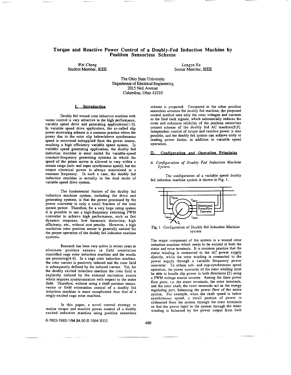 Torque and Reactive Power Control of a Doubly-Fed Induction Machine by Position Sensorless Scheme
