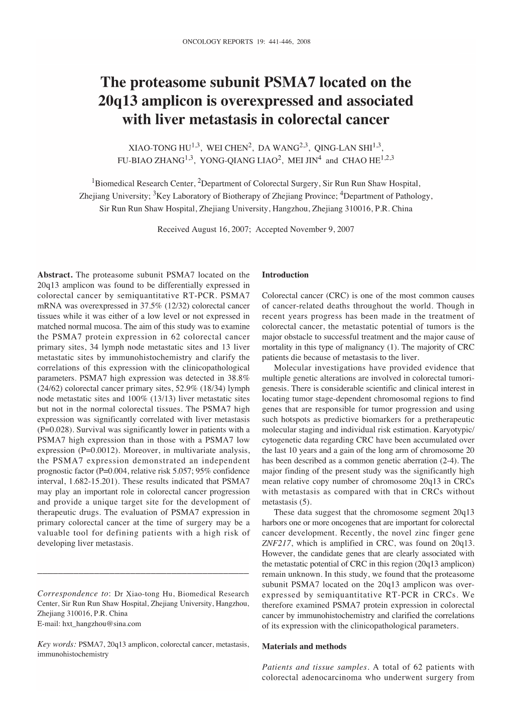The Proteasome Subunit PSMA7 Located on the 20Q13 Amplicon Is Overexpressed and Associated with Liver Metastasis in Colorectal Cancer