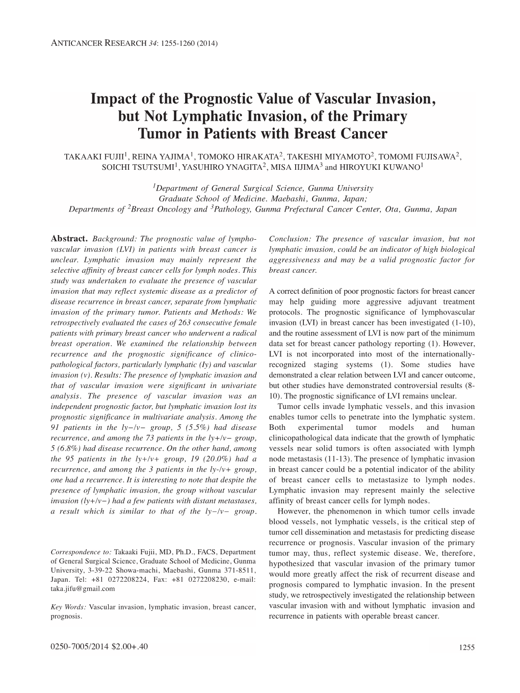 Impact of the Prognostic Value of Vascular Invasion, but Not Lymphatic Invasion, of the Primary Tumor in Patients with Breast Cancer