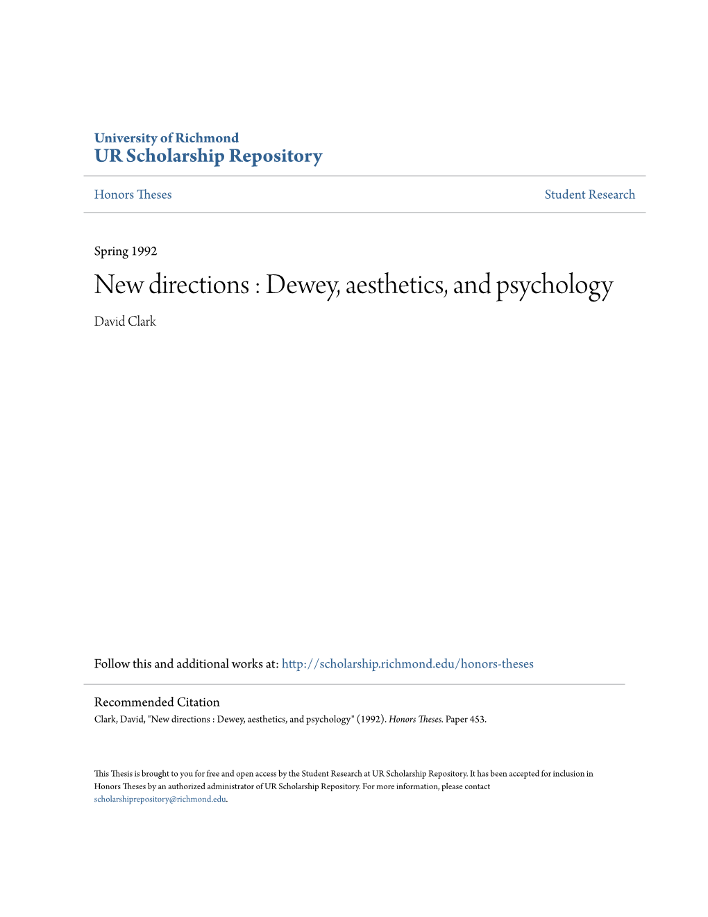 New Directions : Dewey, Aesthetics, and Psychology David Clark