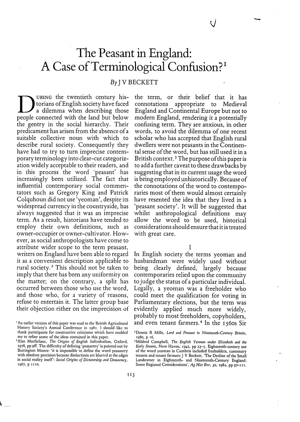 The Peasant in England: a Case of Terminological Confusion? Byj V BECKETT