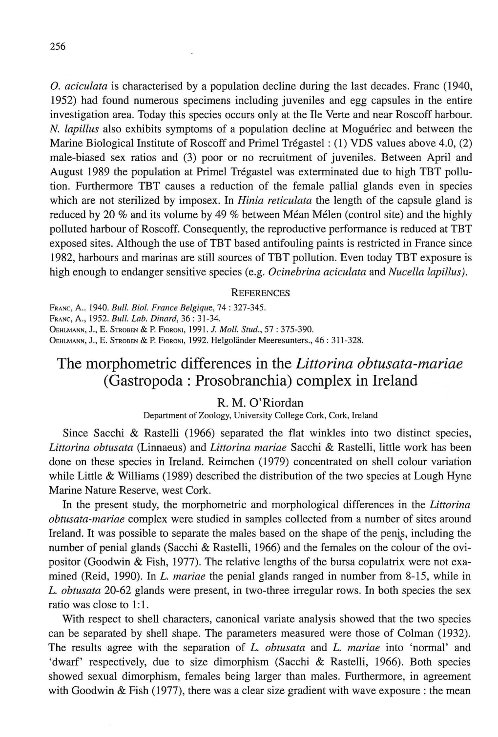 The Morphometric Differences in the Littorina Obtusata-Mariae (Gastropoda: Prosobranchia) Complex in Lreland R