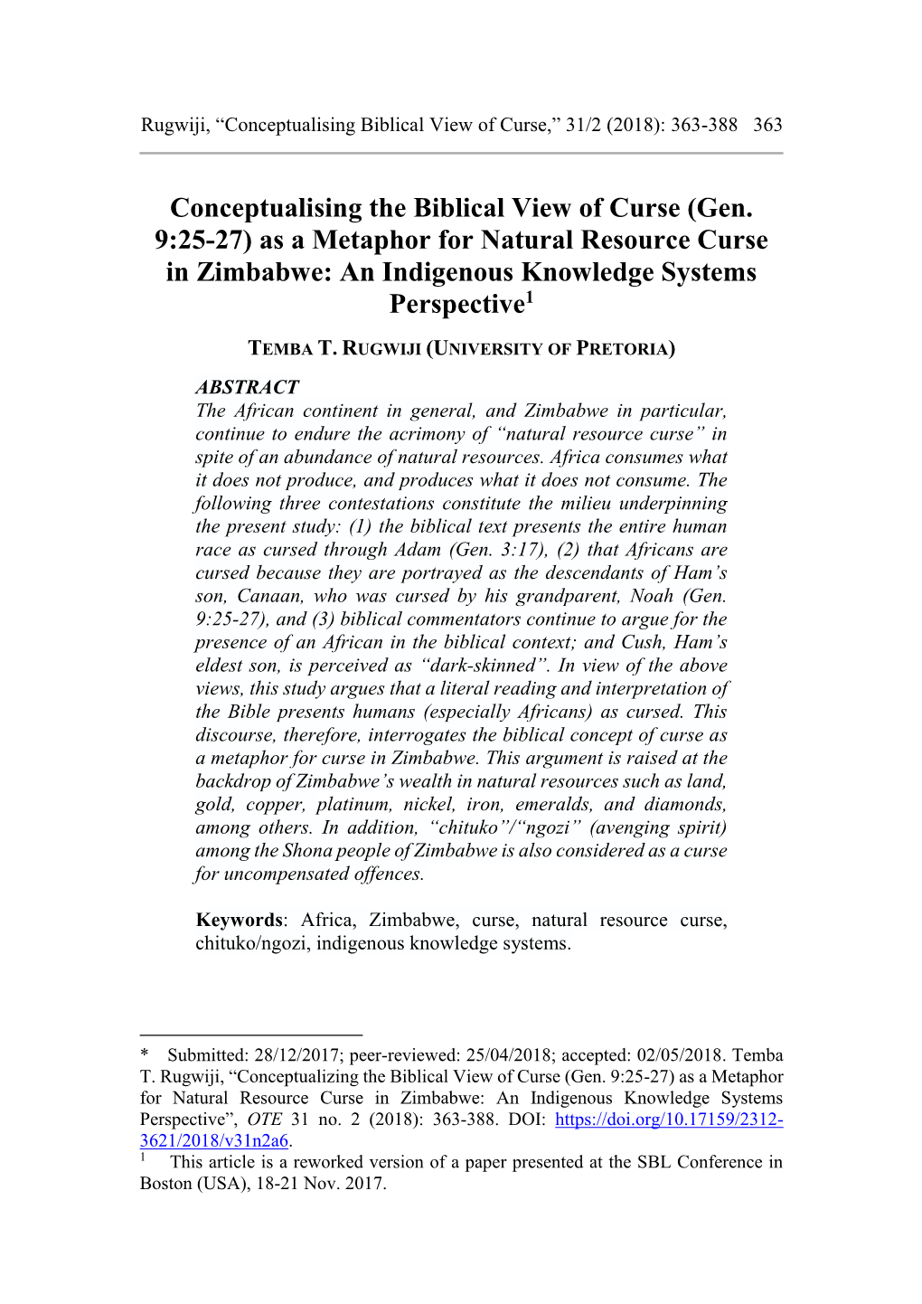 Conceptualising the Biblical View of Curse (Gen. 9:25-27) As a Metaphor for Natural Resource Curse in Zimbabwe: an Indigenous Knowledge Systems Perspective1