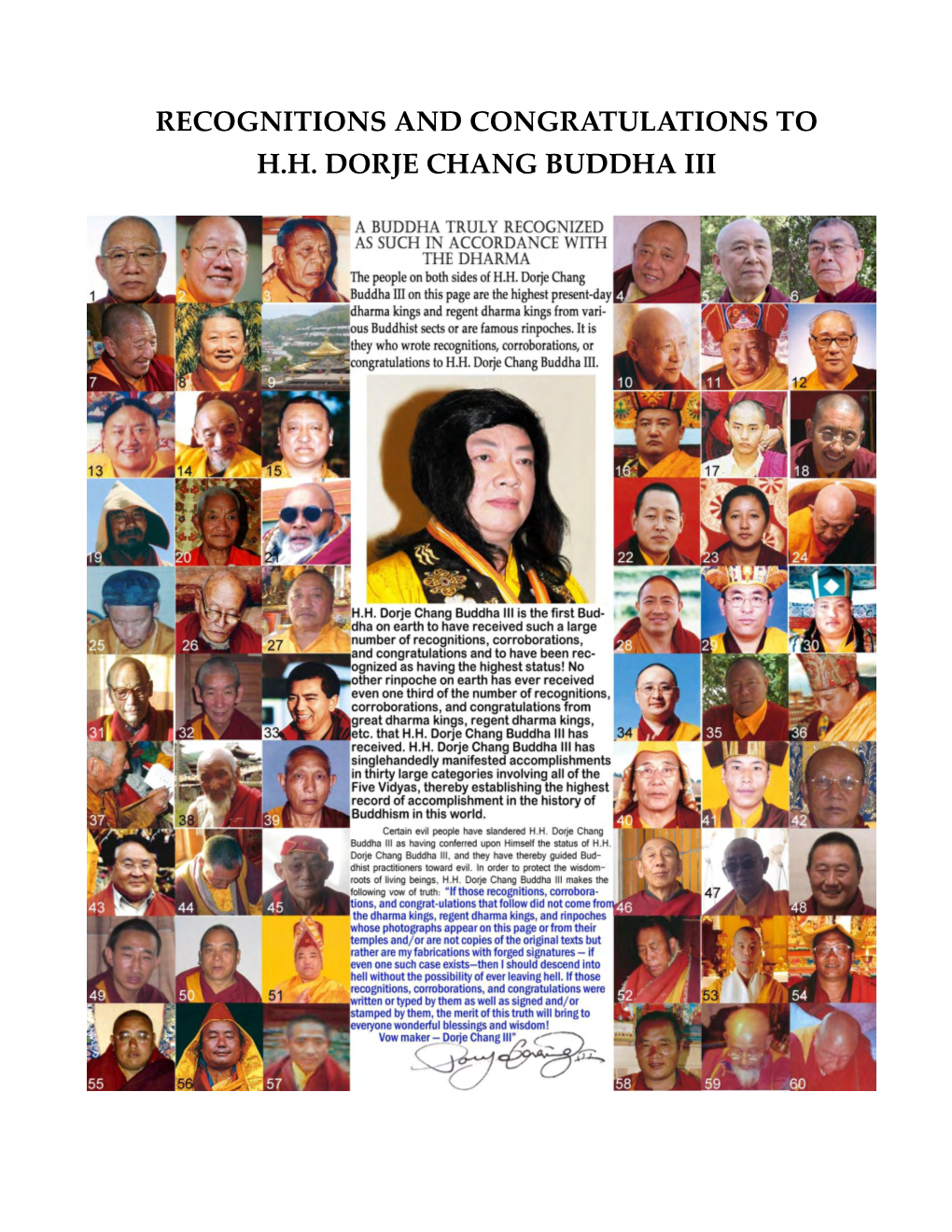 Recognitions and Congratulations to H.H. Dorje Chang Buddha Iii