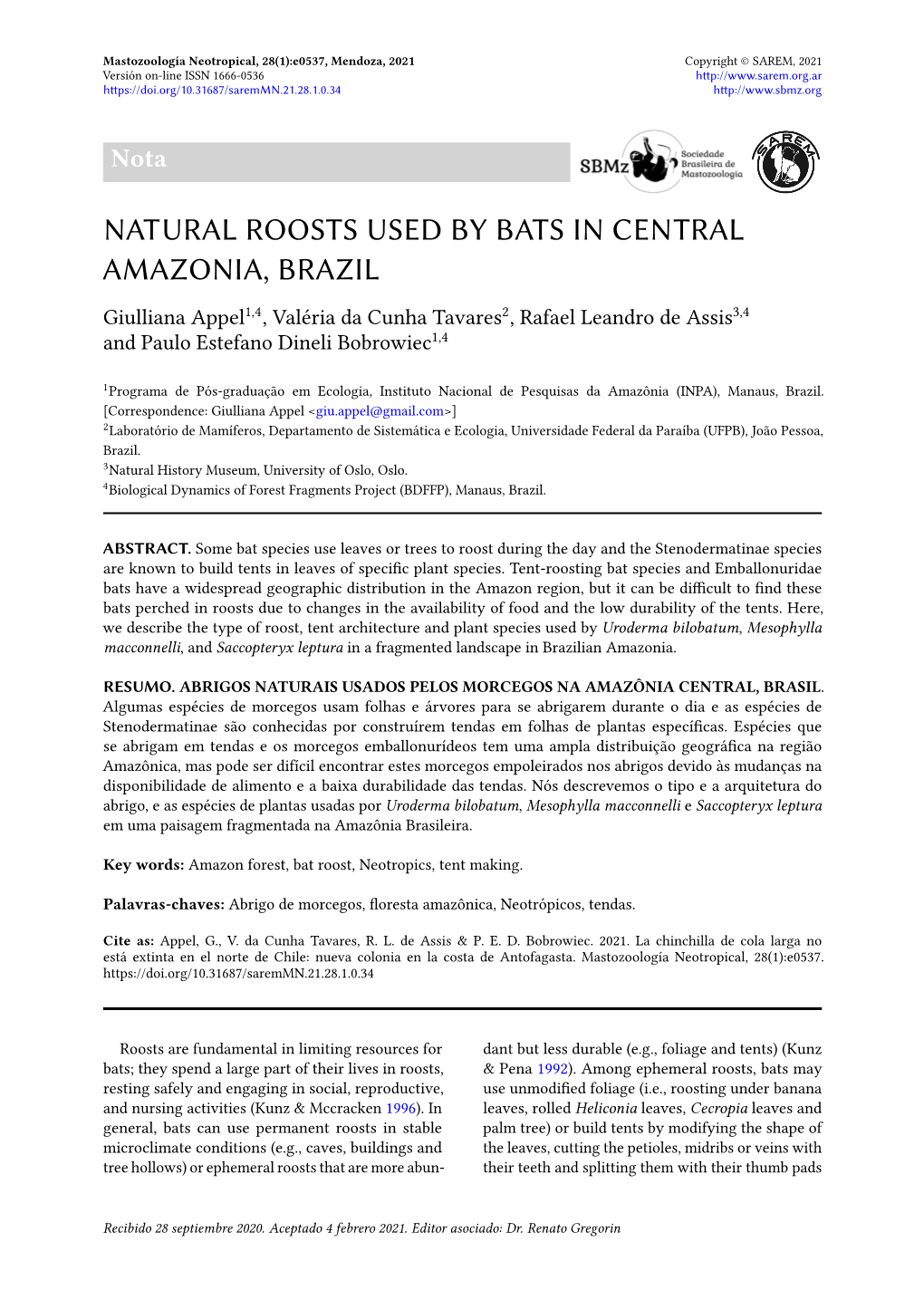 Natural Roosts Used by Bats in Central Amazonia, Brazil