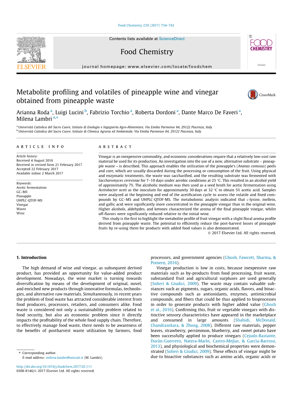 Metabolite Profiling and Volatiles of Pineapple Wine and Vinegar