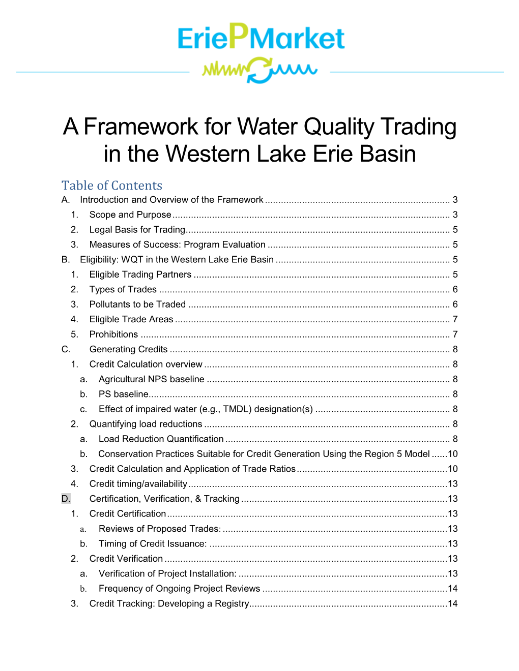 A Framework for Water Quality Trading in the Western Lake Erie Basin Table of Contents A