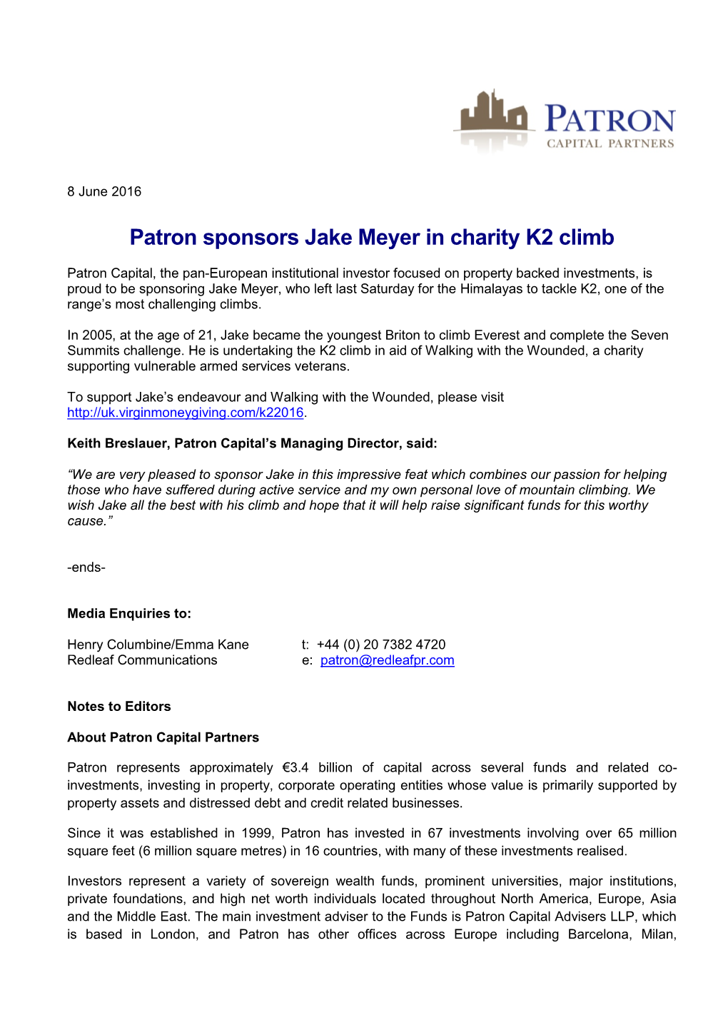 Patron Sponsors Jake Meyer in Charity K2 Climb