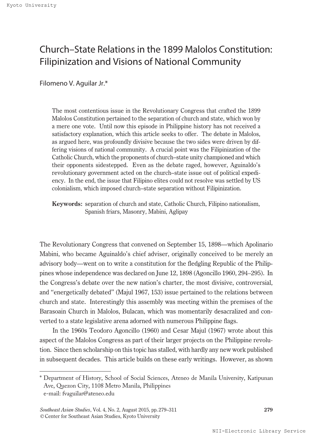 Church–State Relations in the 1899 Malolos Constitution: Filipinization and Visions of National Community