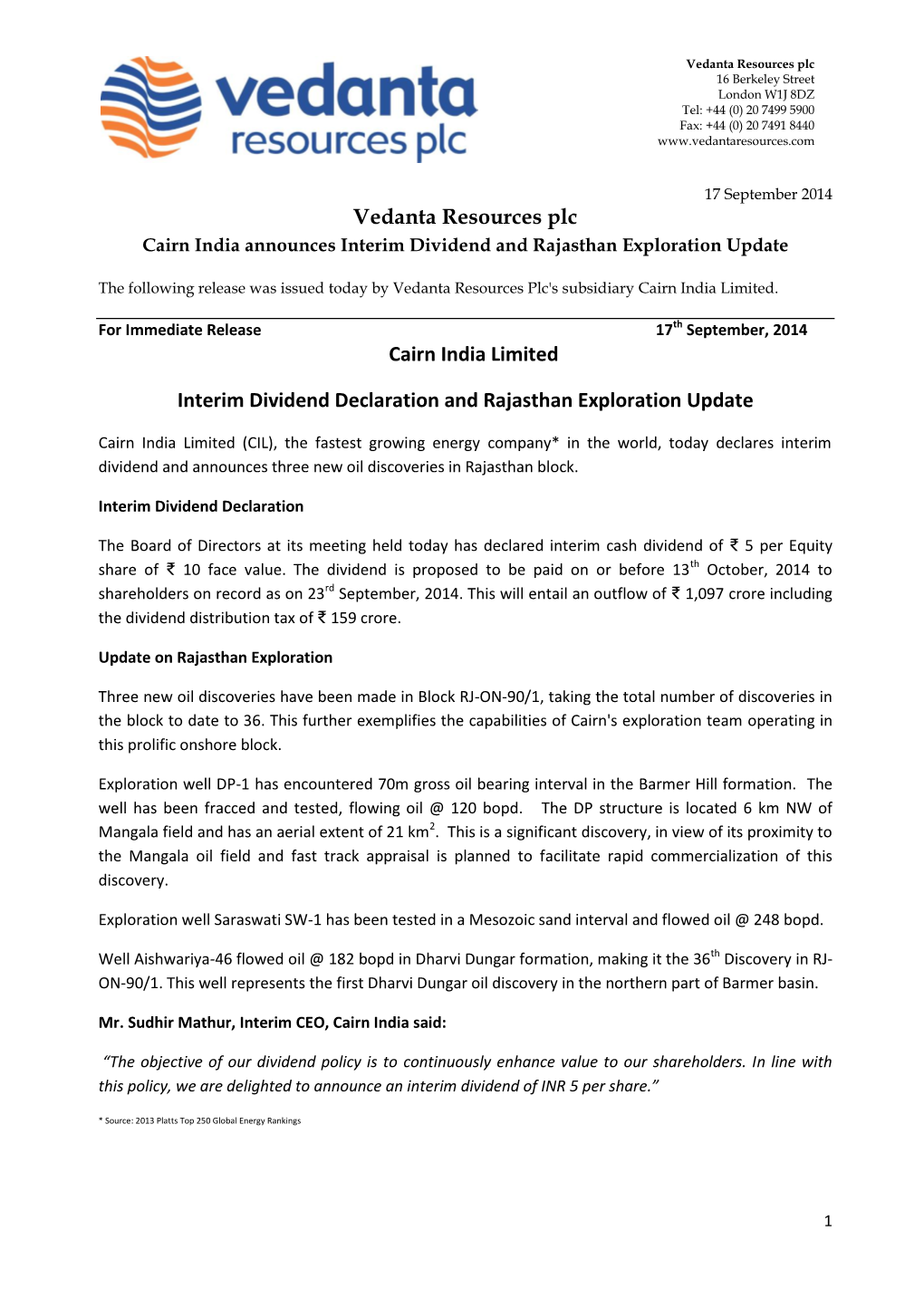 Vedanta Resources Plc Cairn India Limited Interim Dividend