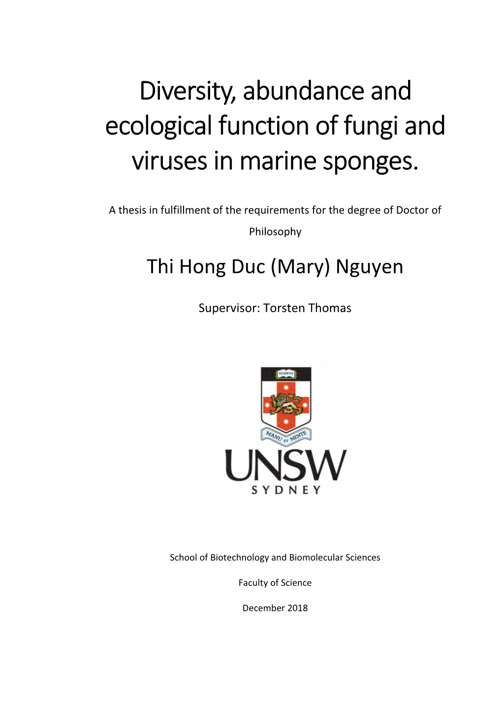 Diversity, Abundance and Ecological Function of Fungi and Viruses in Marine Sponges