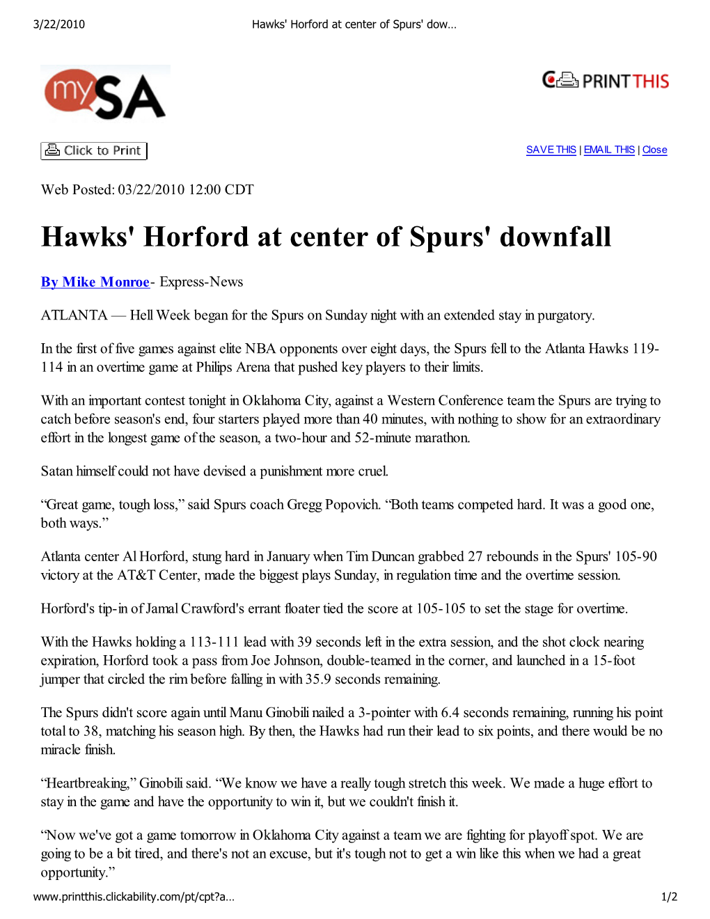 Hawks' Horford at Center of Spurs' Downfall