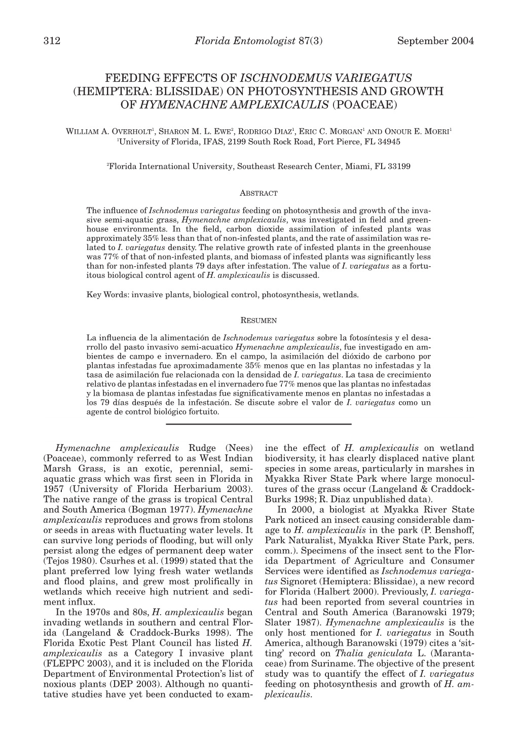 Hemiptera: Blissidae) on Photosynthesis and Growth of Hymenachne Amplexicaulis (Poaceae