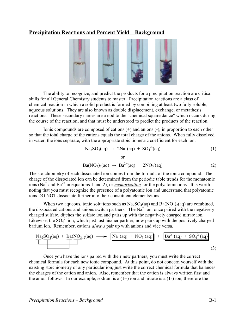 Precipitation Reactions and Percent Yield – Background